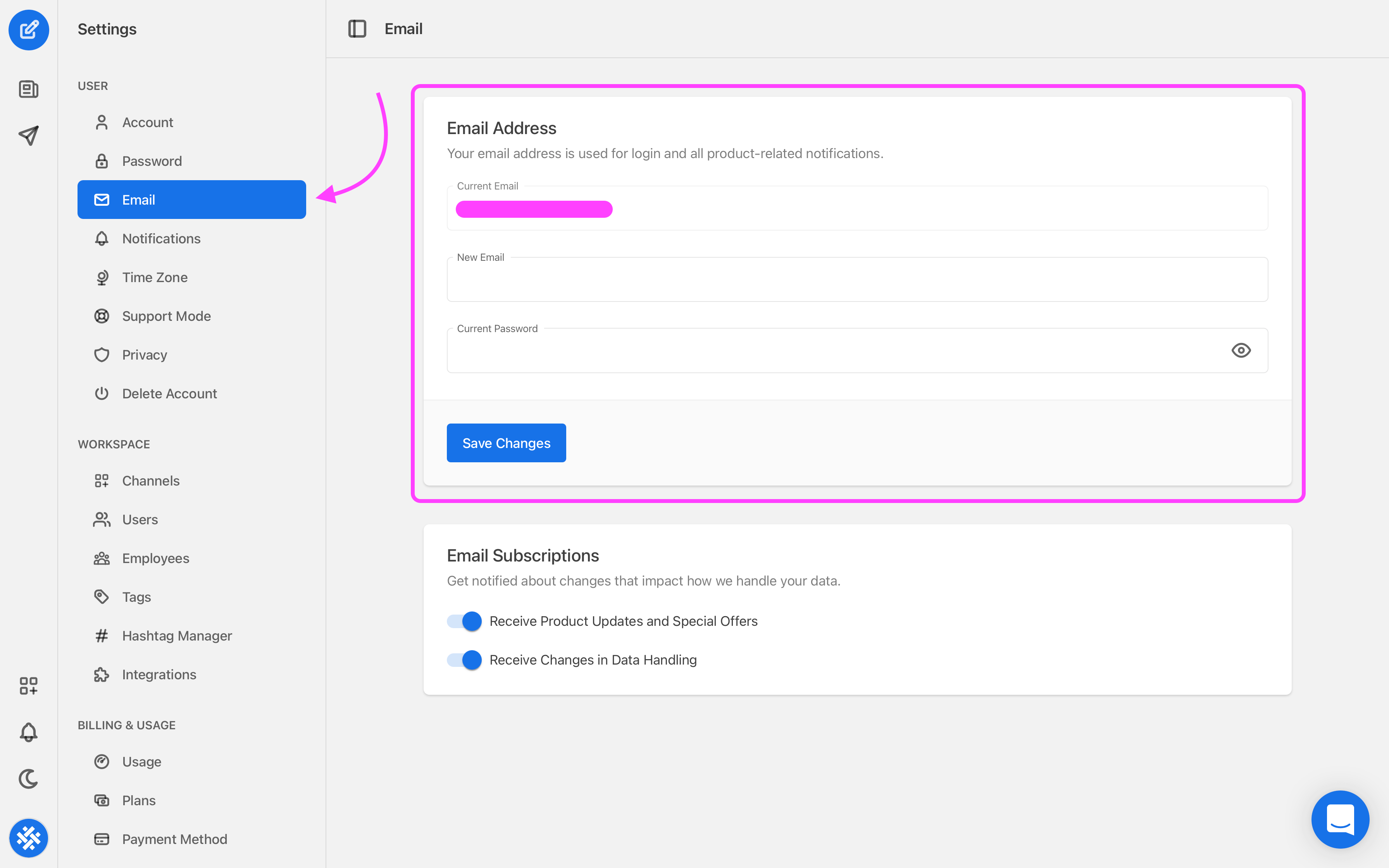 Select Email under the User menu.